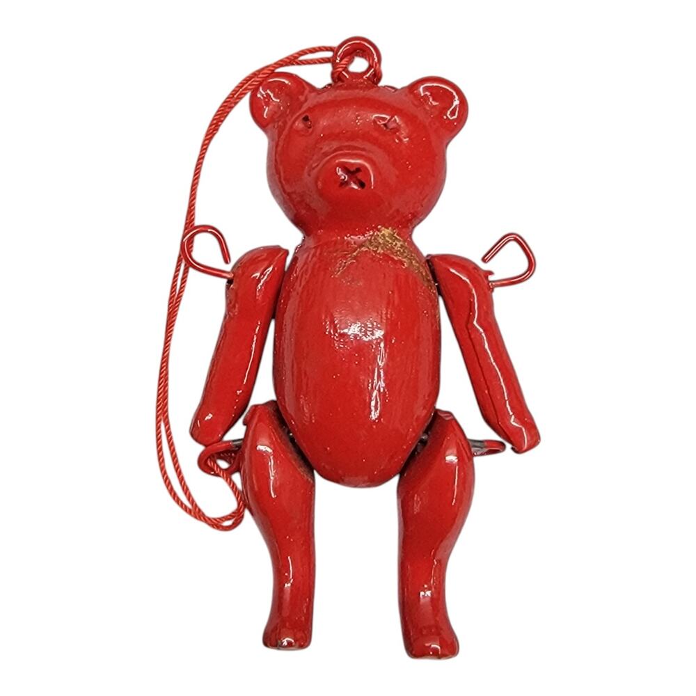Vintage Midwest Importers Red Metal Jointed Teddy Bear Ornament Taiwan Christmas